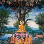 Photo of painting of Gautama Buddha's first sermon at the Deer Park taken by Wikipedia user KayEss. Used under Creative Commons Attribution-Share Alike 3.0 Unported license. Source: https://commons.wikimedia.org/wiki/File:Sermon_in_the_Deer_Park_depicted_at_Wat_Chedi_Liem-KayEss-1.jpeg