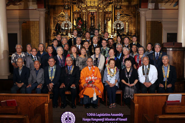 HHMH Board of Directors before the Betsuin altar with Bishop Matsumoto seated front, center in orange robes