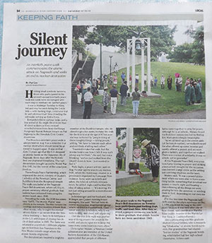 small photo of newspaper article on the 2016 annual peace walk from Hawaii Betsuin to the Nagasaki Peace Bell