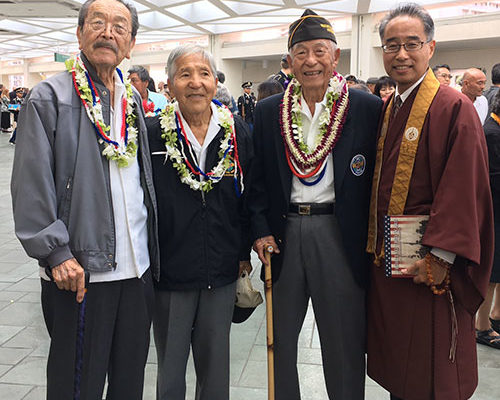 Veterans Reverend Yoshiaki Fujitani, Yoshinobu Oshiro, and Herbert Yanamura with Bishop Eric Matsumoto at an AJA Veterans Tribute on December 5, 2016