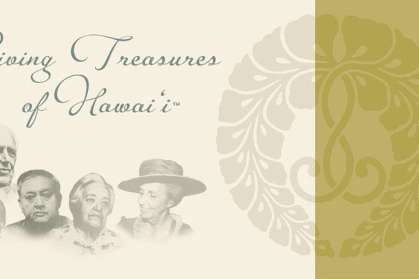 Living Treasures of Hawaii in script with sagarifuji and collage of old-time photos of past honorees