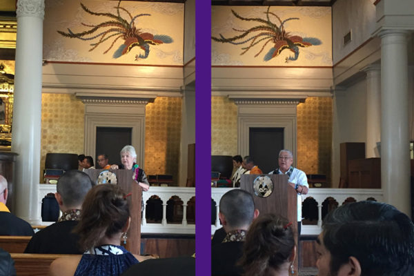Lois and Pieper Toyama address Joint Conference participants at Hawaii Betsuin (two photos)