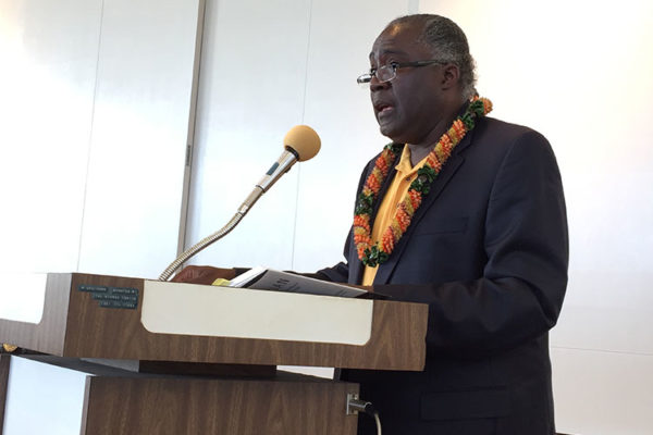 Alphonso Braggs, President of the Honolulu Hawaii NAACP, speaks at a Hawaii Betsuin Talk Story on Buddhism and Dr. Martin Luther King Jr.