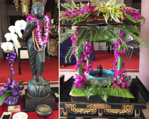 two photos in one - Baby Buddha statue at left cast in 1959, and at right, the small flower alter with a smaller statue of Baby Buddha with sweet tea