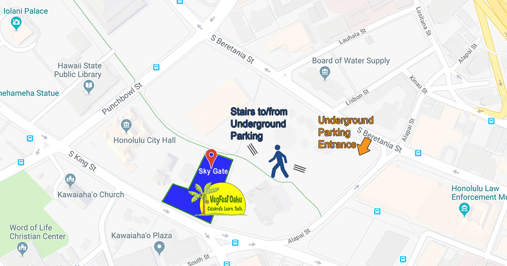 VegFest Oahu 2019 location map, showing event location and parking entrance near Honolulu Hale