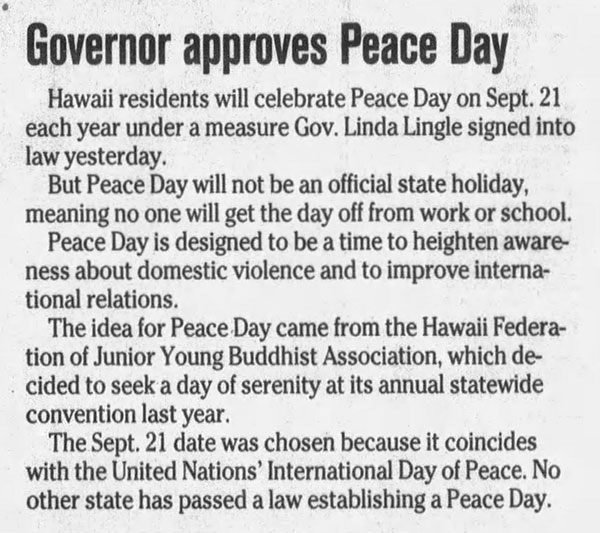 Item from the April 19, 2007 issue of the Honolulu Star-Bulletin - Governor approves Peace DAy