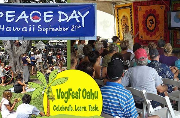 Peace Day at VegFest 2019 - image of Peace Day banner and VegFest Oahu logo over pictures from past VegFests