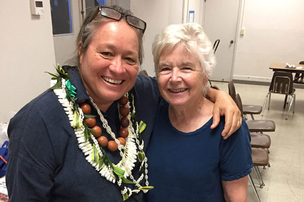 Dr. Manulani Aluli Meyer with Lois Toyama, president of the Hawaii Federation of Buddhist Women's Associations, after HBC Bodhi Day Service 2019
