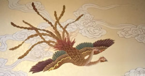 two-headed bird (Gumyocho) painting above Hawaii Betsuin altar (FB)