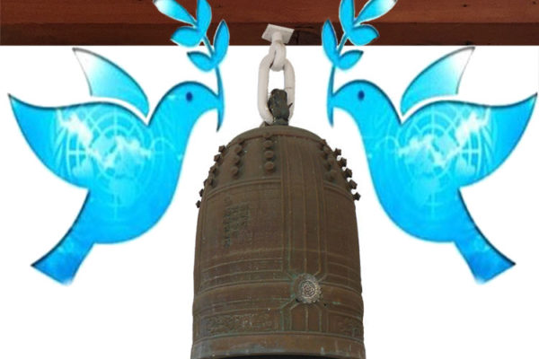 collage image of kansho bell with UN peace doves