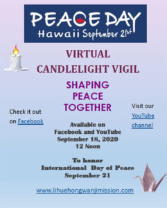 Kauai Peace Day Vigil 2020 flyer image - online beginning Sept 18 at noon
