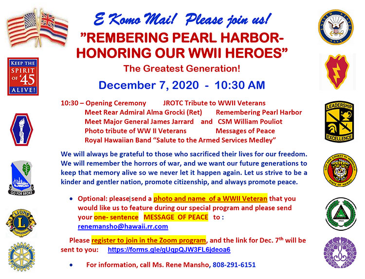Remembering Pearl Harbor: Honoring Our WWII Heroes" flyer thumbnail image (Zoom event 12/7/20 10:30 a.m.)