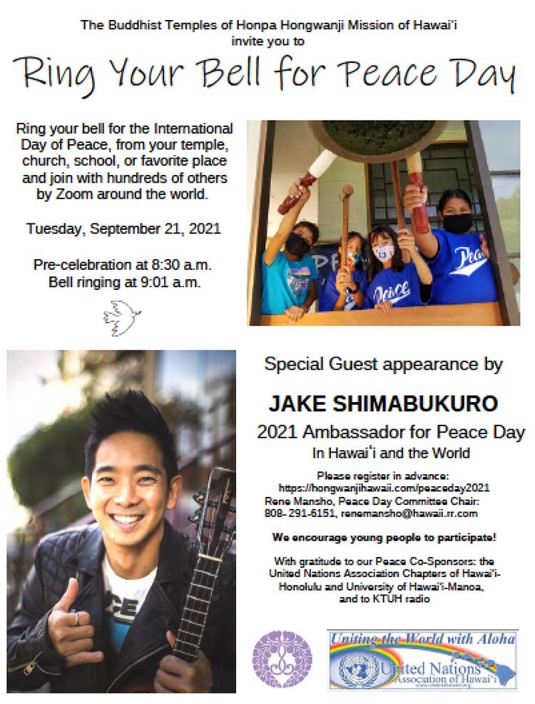 Ring Your Bell for Peace Day 2021 - flyer image with girls ringing bell and Jake Shimabukuro