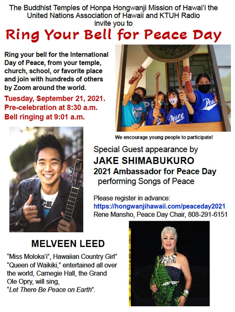 Ring Your Bell for Peace Day 2021 - flyer image with girls ringing bell, Jake Shimabukuro, and Melveen Leed
