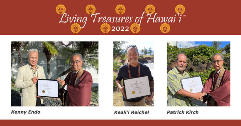 Living Treasures 2022 honorees: Kenny Endo, Keali`i Reichel, and Patrick Kirch