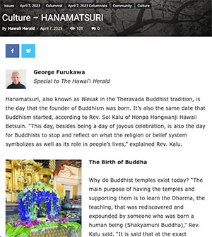 snippet of a Hawaii Herald article on Hanamatsuri from 4/7/23