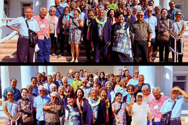 two photos of people on the Hawaii Betsuin steps for a group photo
