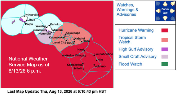 Tropical Storm Lala map from NWS 8/13/26 6pm